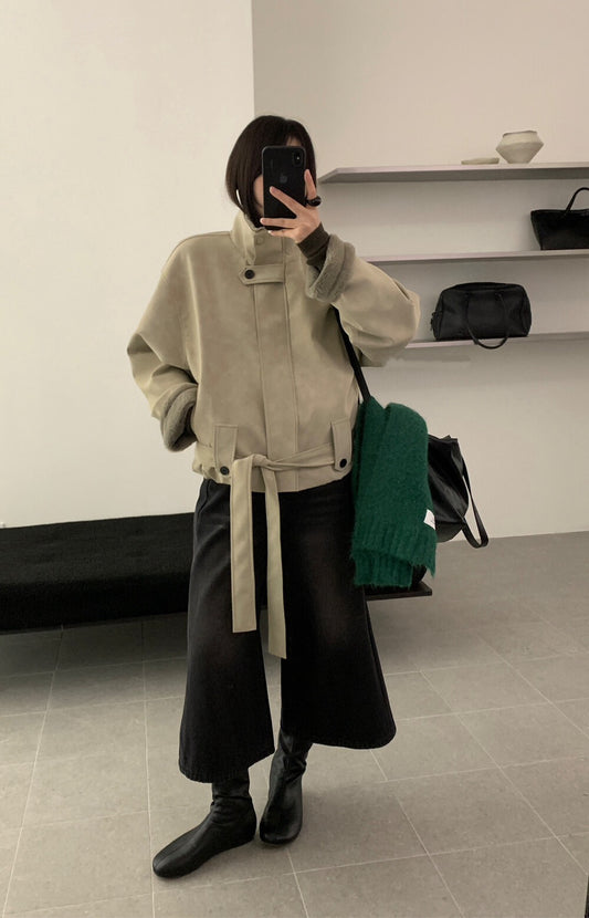 // 版型超好的拼毛毛底蛋白皮外套