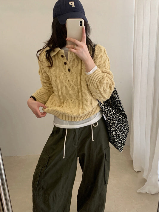 // 復古感重工麻花鈕扣翻領NT