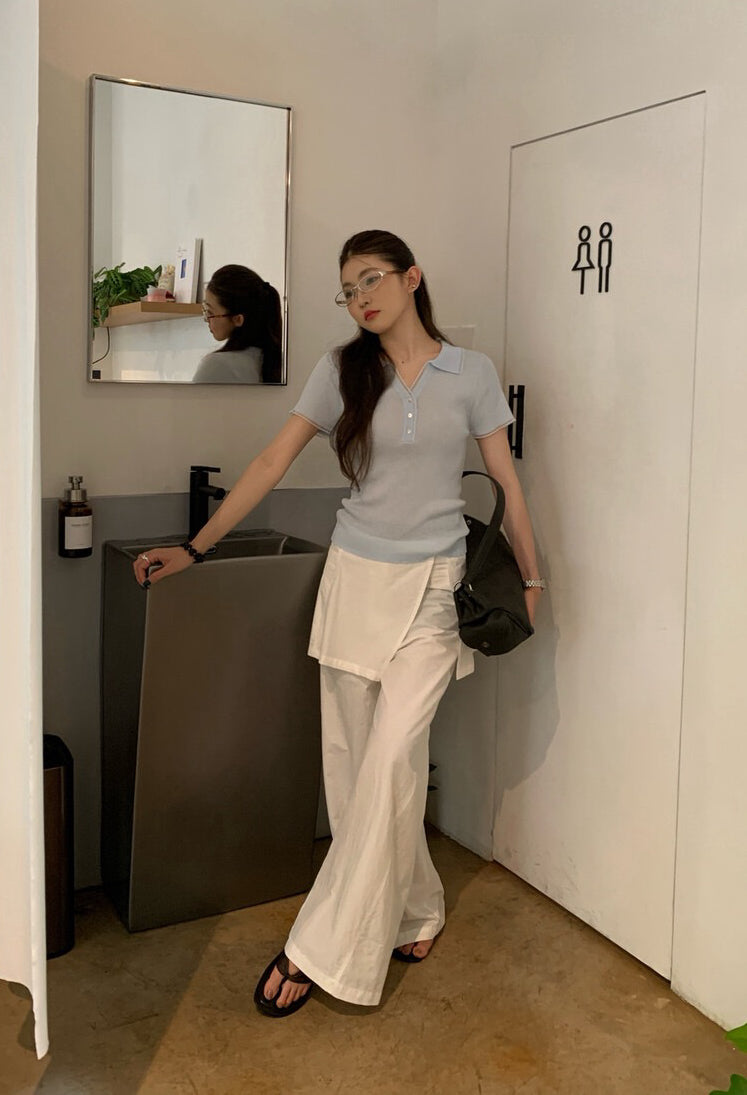 // 拼接lace邊小V翻領直紋NT