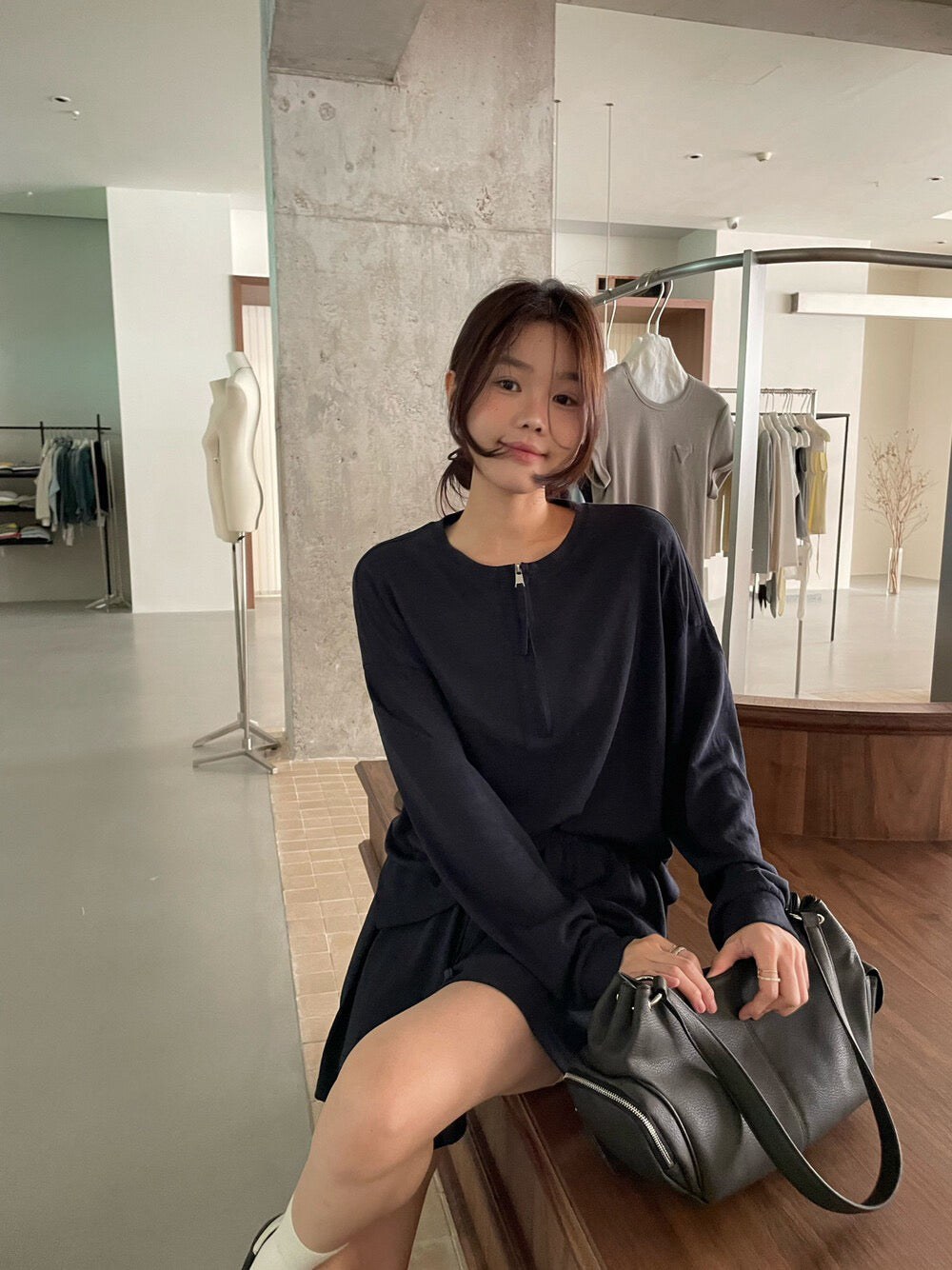// 慵懶休閒風lyocell麻半拉鍊TEE+裙套裝