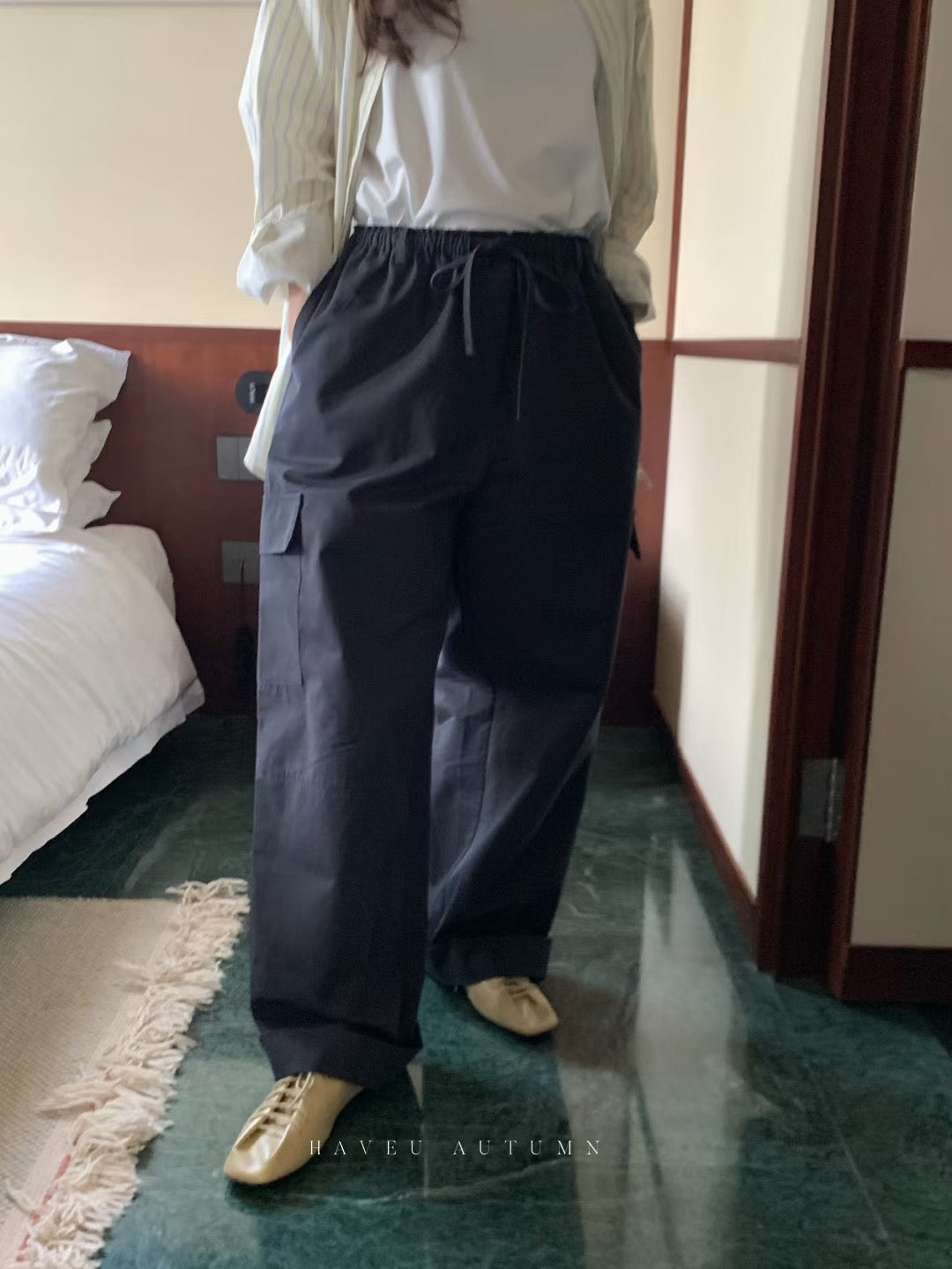// 休閒感滿滿橡筋腰口袋工裝褲