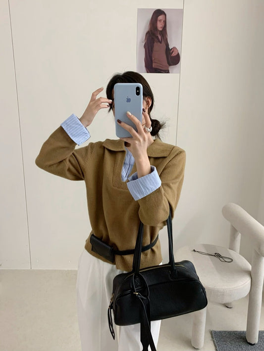 // 設計感拼接恤衫針織上衣