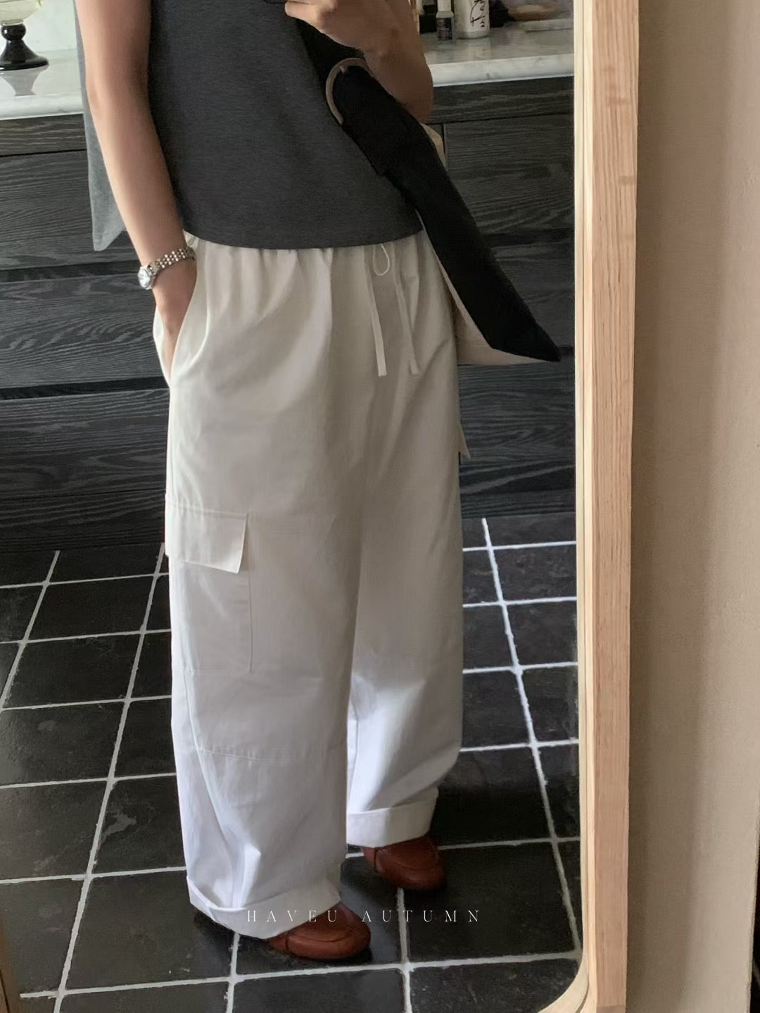 // 休閒感滿滿橡筋腰口袋工裝褲