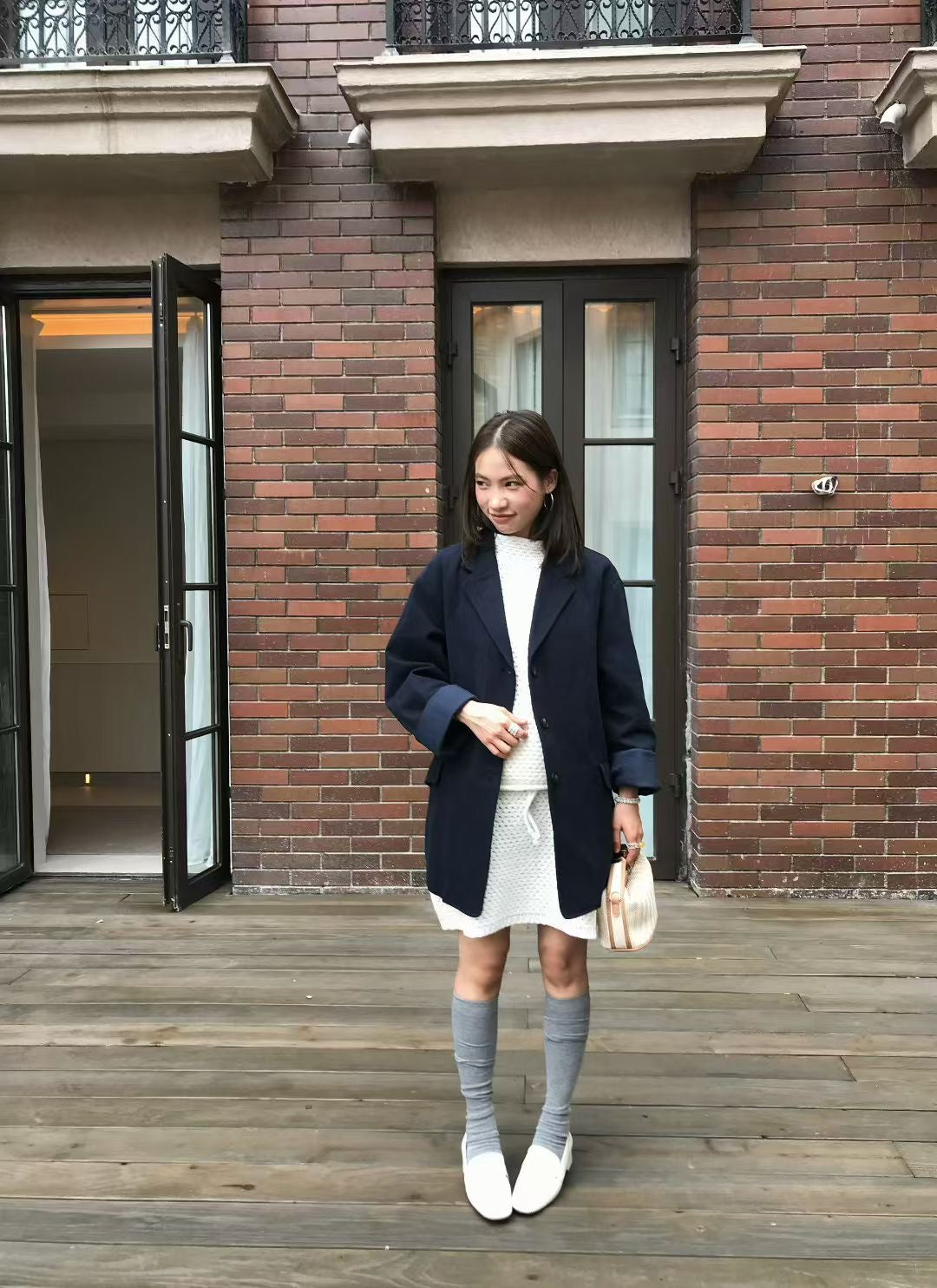 // 法式洗水棉中長款西裝外套