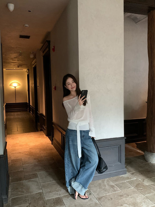 // 設計感假反褶毛邊洗水牛仔闊褲