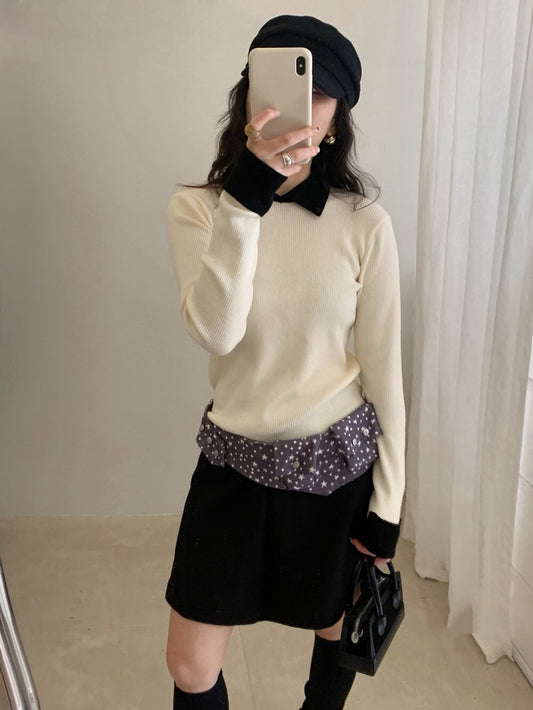 // 6%wool撞色翻領+反袖針織NT