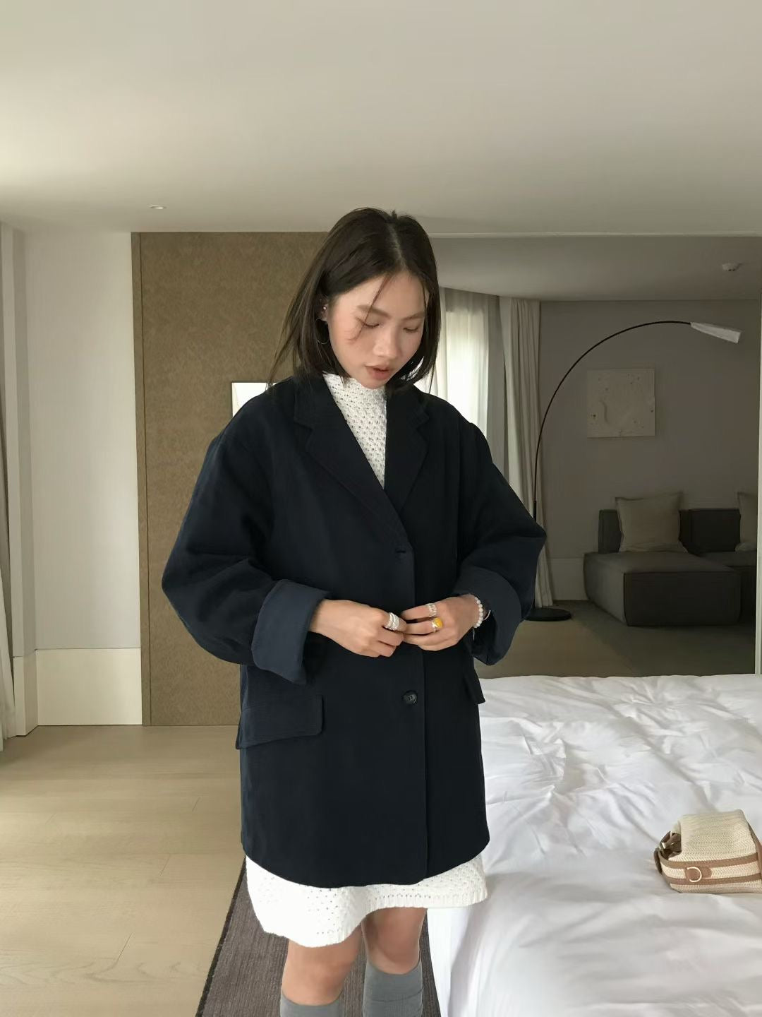 // 法式洗水棉中長款西裝外套