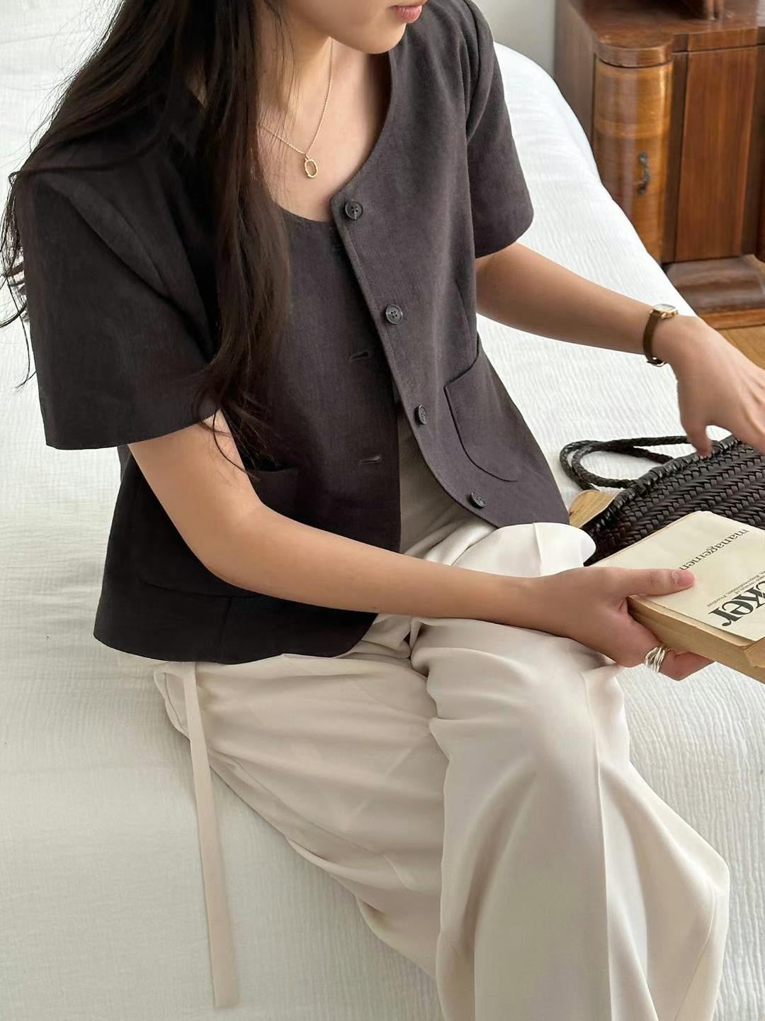 // linen100%簡約口袋外套