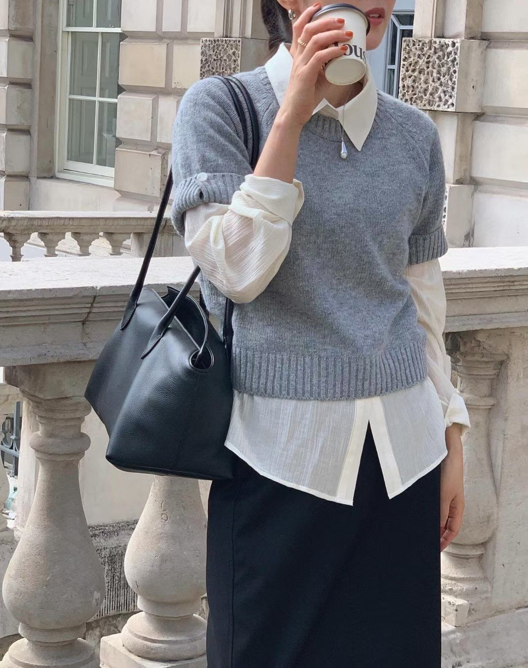 // cashmere+fine wool反袖鈕扣袖短袖NT