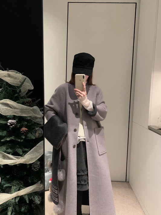 // 70%綿羊毛簡約插肩V領長款手工羊毛外套(連頸巾)