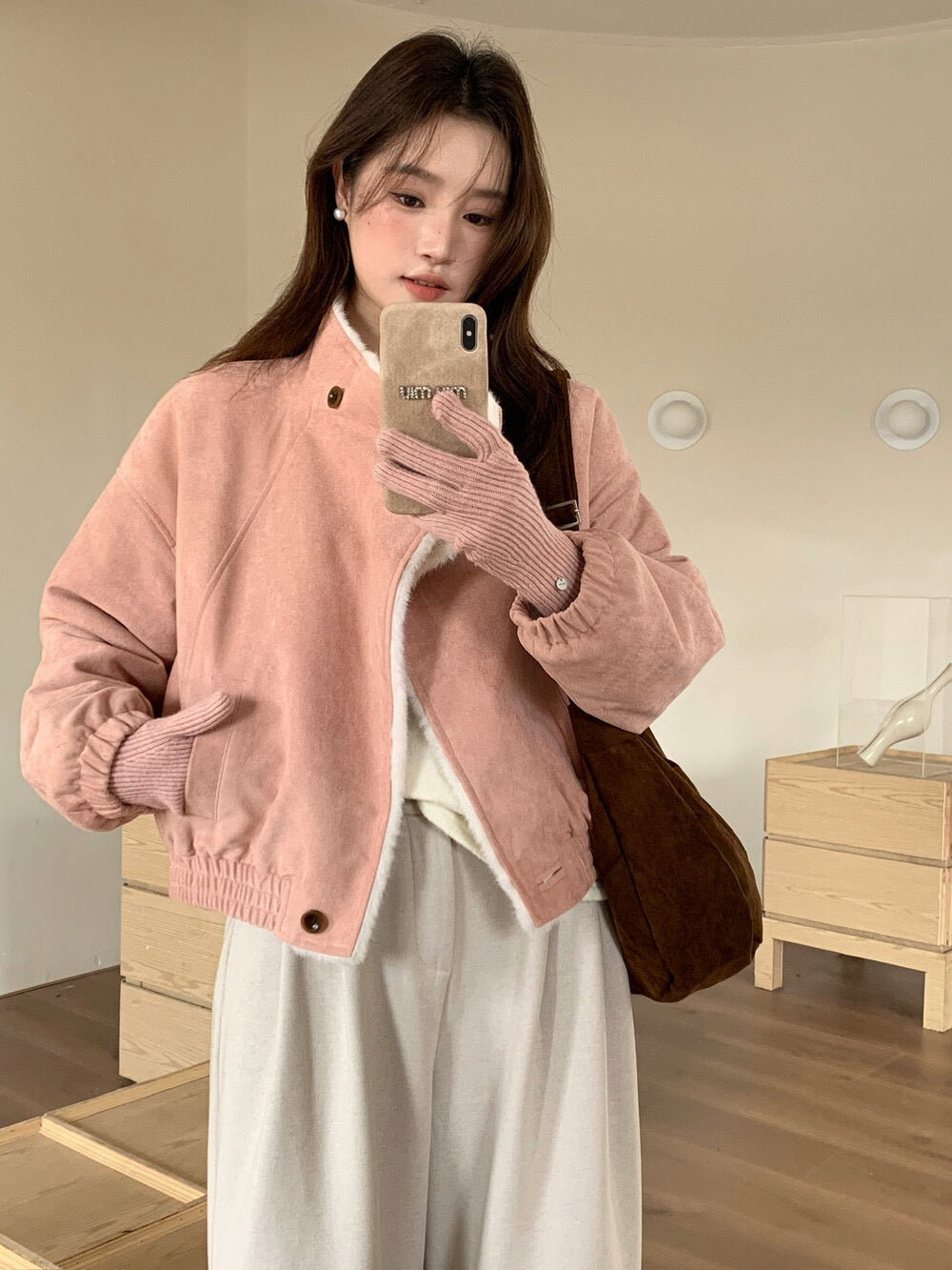 // 帥氣隨性領子皮毛一體麂皮絨外套