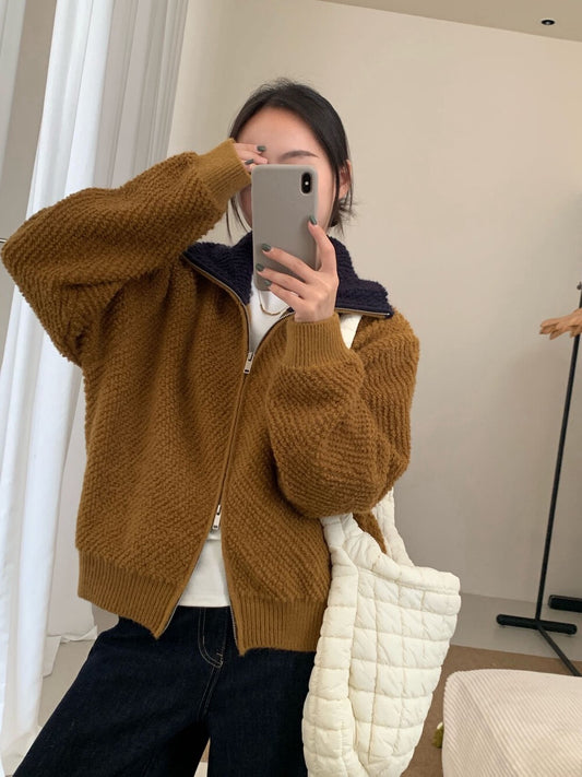 // 撞色翻領圈圈毛感拉鍊CD