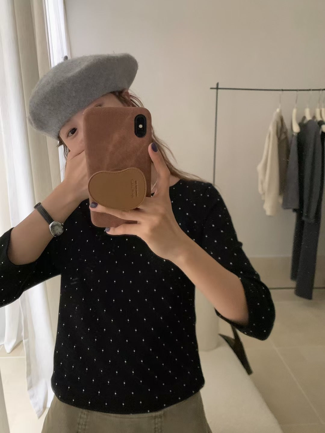 // 八分袖波點磨毛感TEE