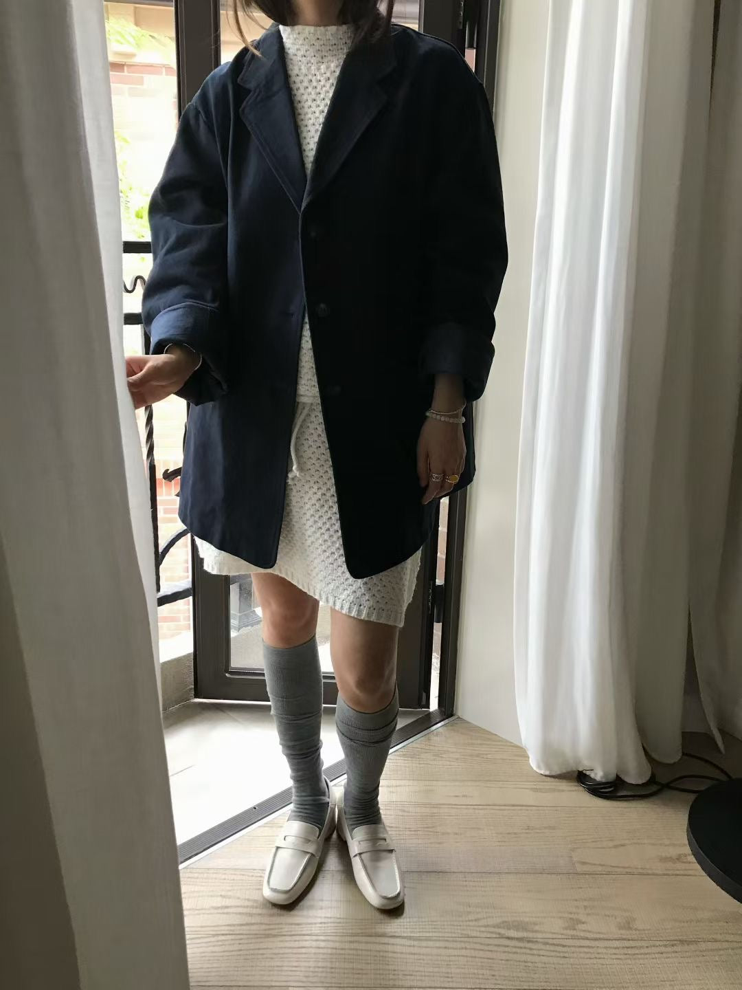 // 法式洗水棉中長款西裝外套