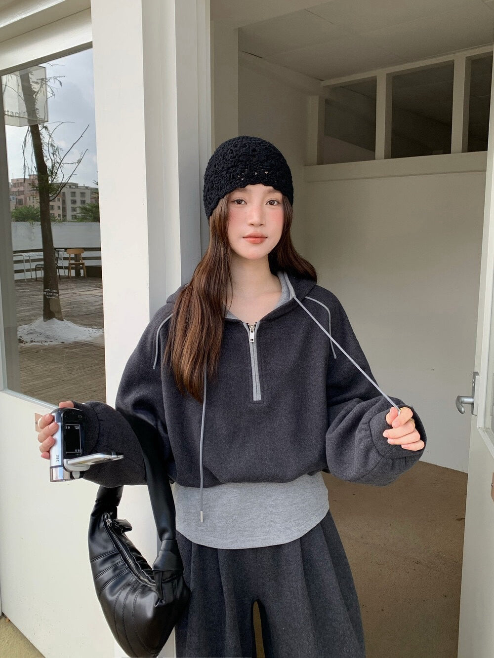 // 假兩件連帽拉鍊上衣+全長褲兩件套