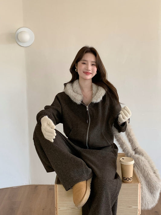 // 毛毛領衛衣外套+休閒褲套裝