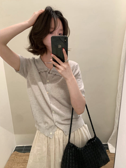 // 100%羊毛鈎針花邊翻領排扣短袖NT