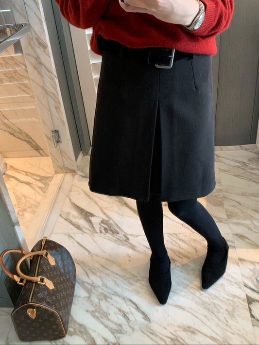 // 高級感雙層開叉五分毛呢裙