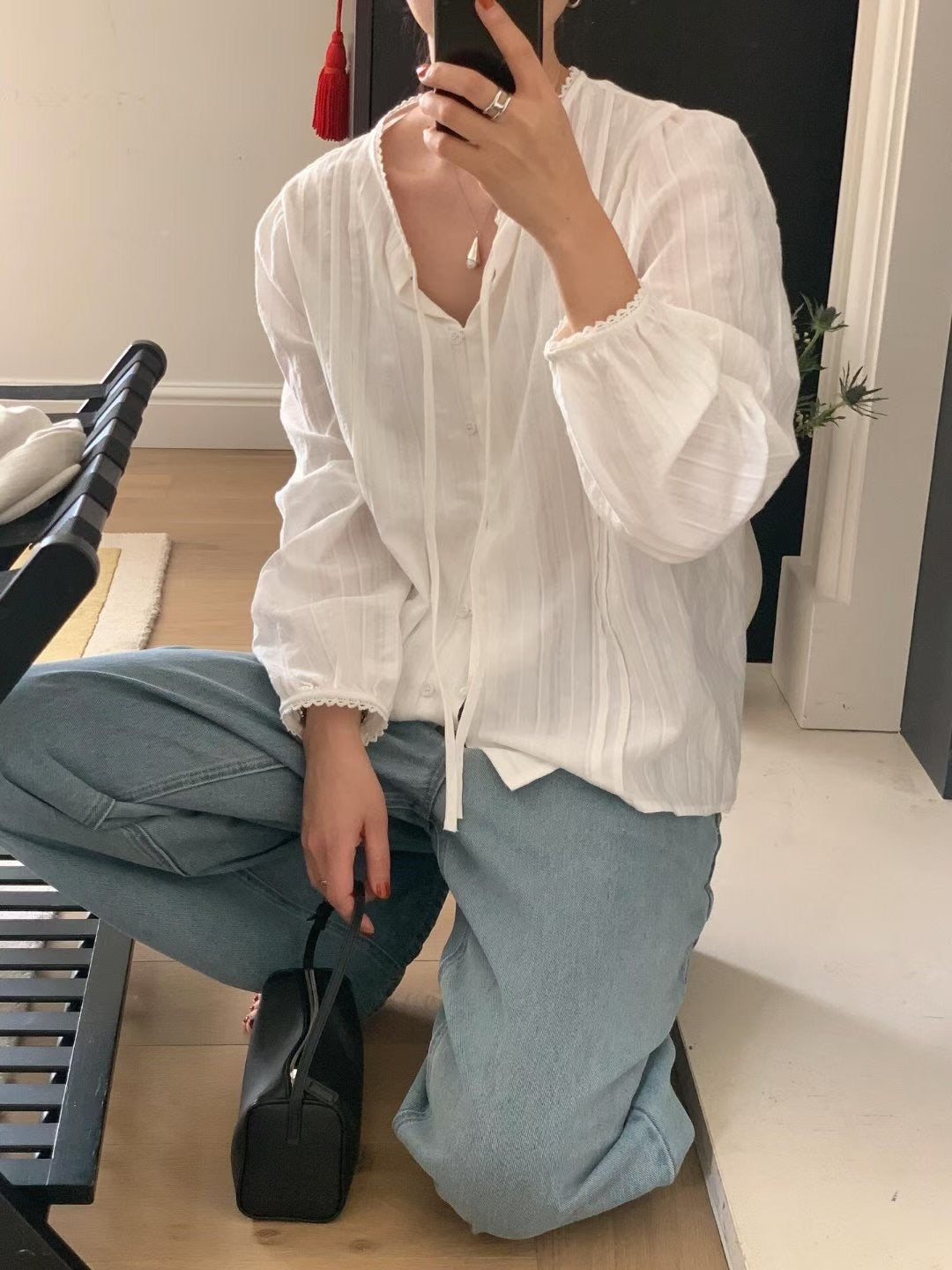 // 高質純棉花邊壓褶BL