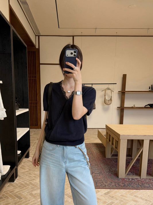 // 法式交叉lace邊絲麻短袖NT