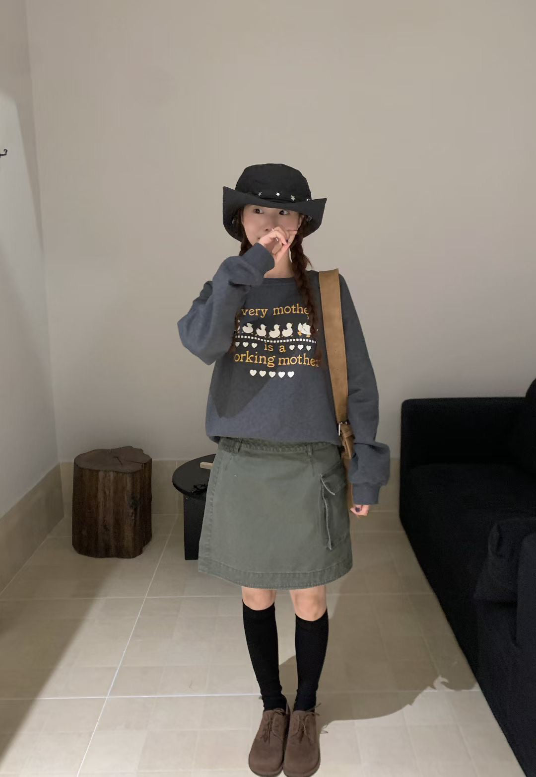 // 復古色調一件式口袋工裝短裙