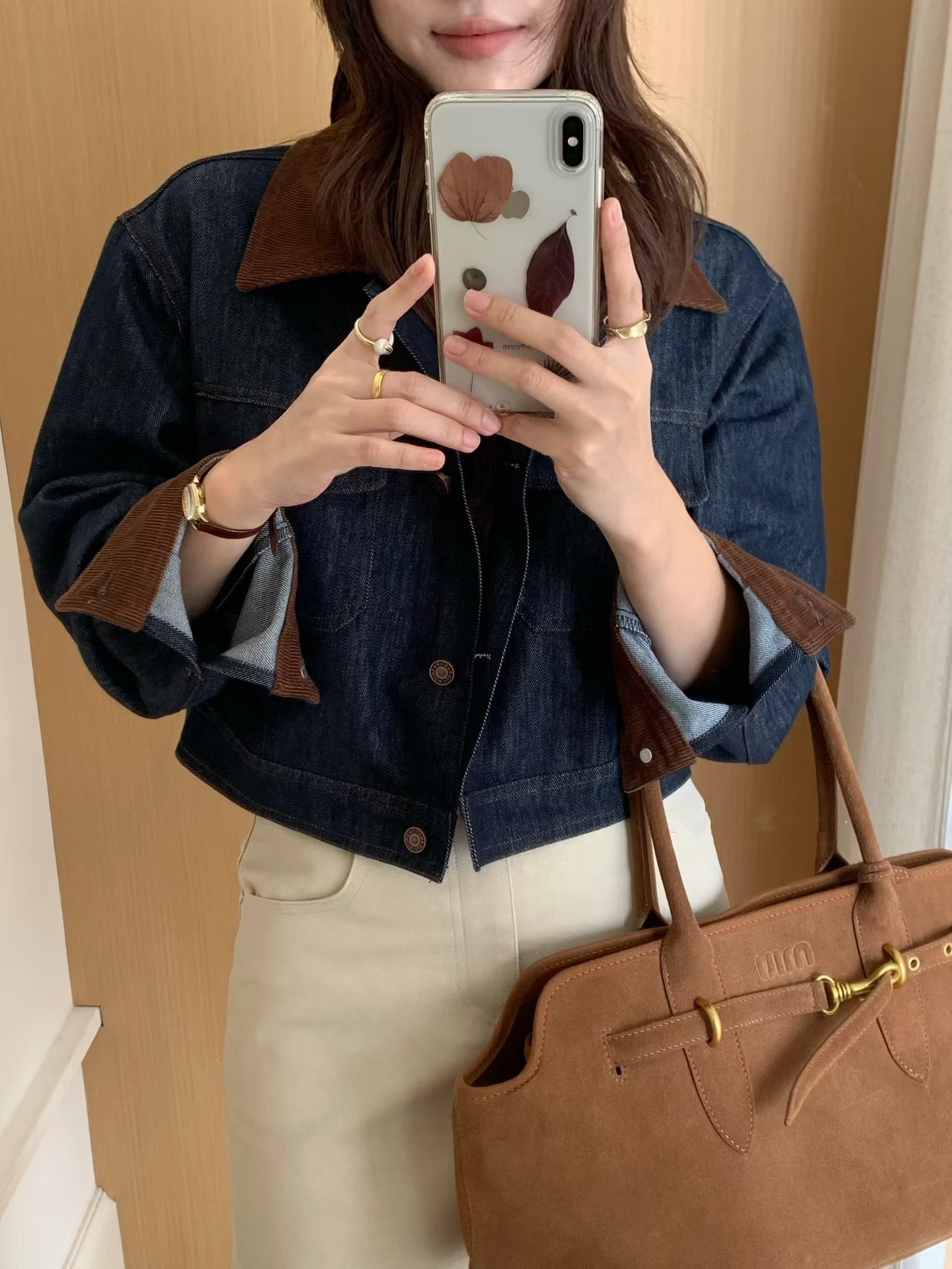 // 復古撞色燈芯絨領短款牛仔外套