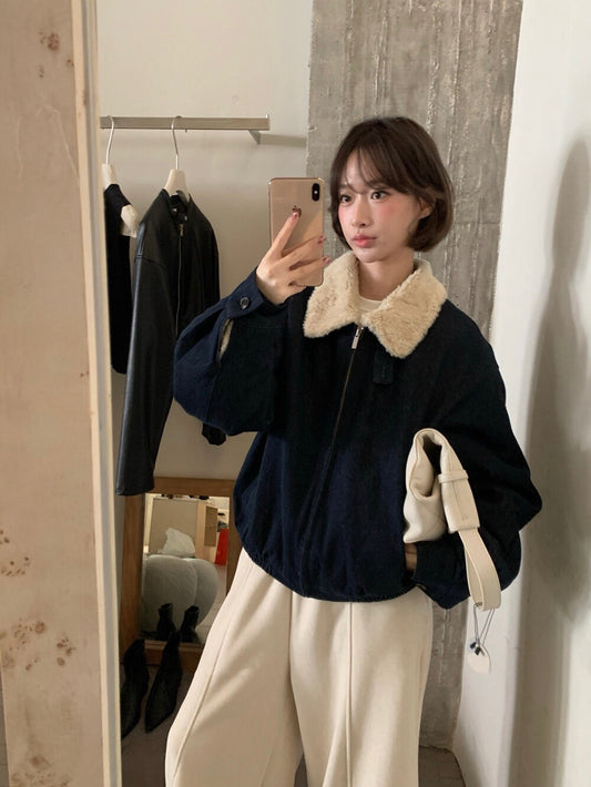 // 復古感翻領羊羔毛牛仔棉外套