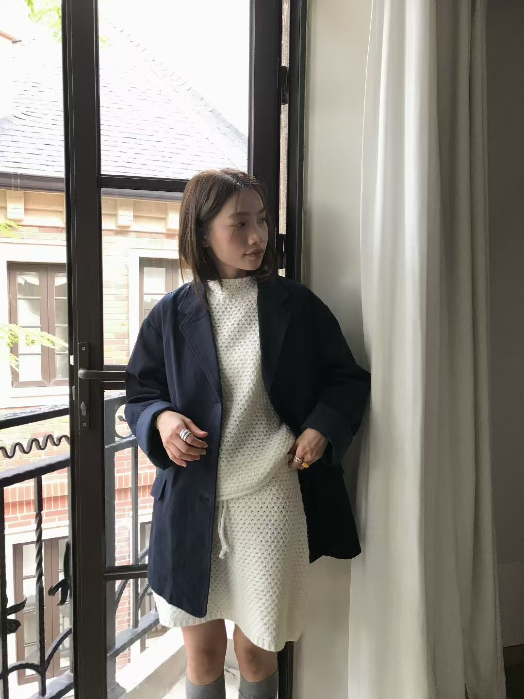 // 法式洗水棉中長款西裝外套
