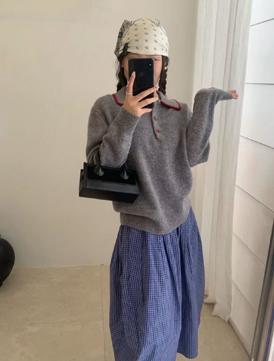 // 100%羊毛撞色包邊縫線鈕扣翻領NT