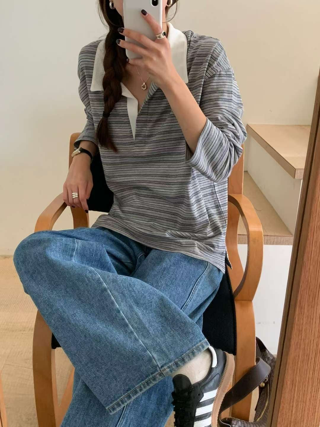 // 拼色翻領間條寬鬆版型上衣