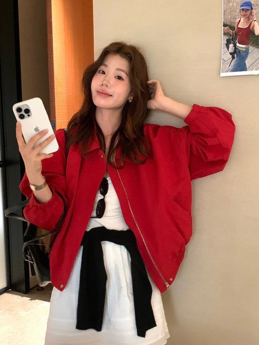 // 運動休閒風翻領拉鍊外套