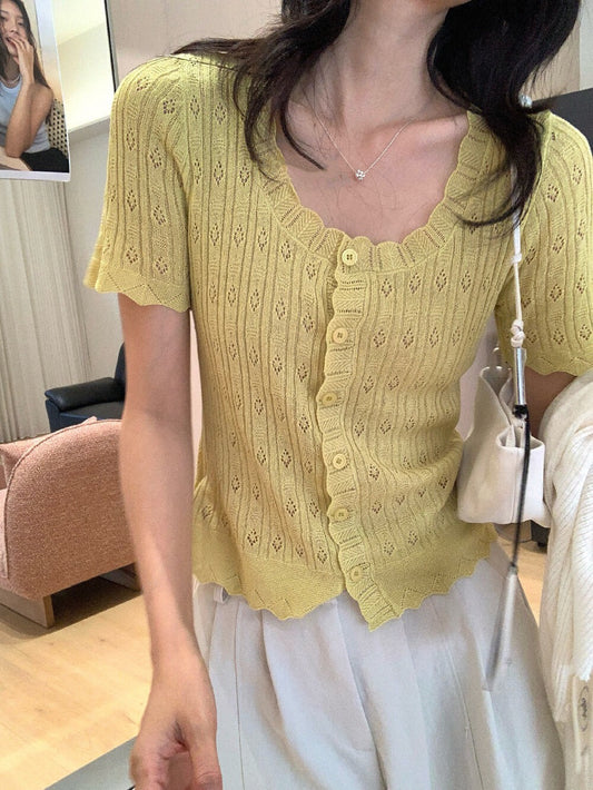 // 鏤空鈎花花邊麻質短袖CD