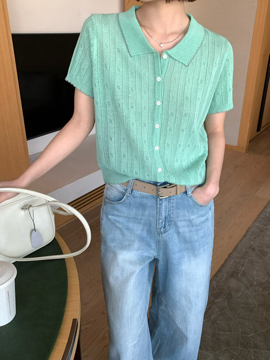 // 復古法式鏤空鈎花撞色包邊短袖NT