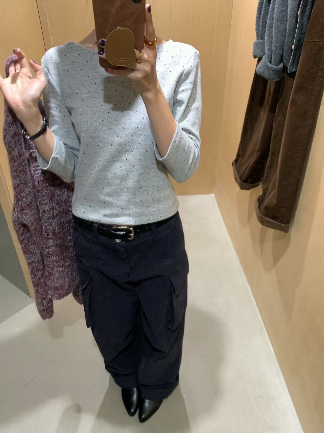 // 八分袖波點磨毛感TEE