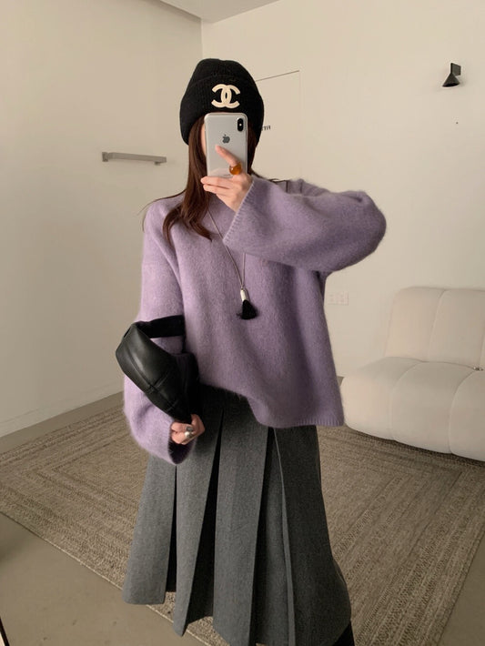 // 色系超美30%兔毛毛茸感軟糯親膚圓領毛衣