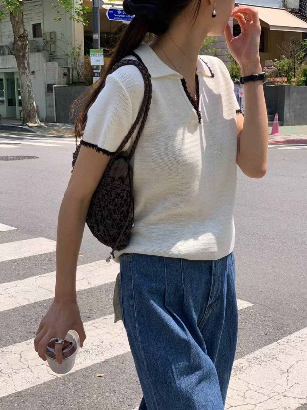 設計師款 // 撞色拼小花邊小V翻領NT