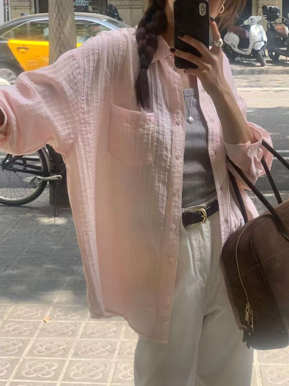 // 微光澤感立體直紋口袋SH