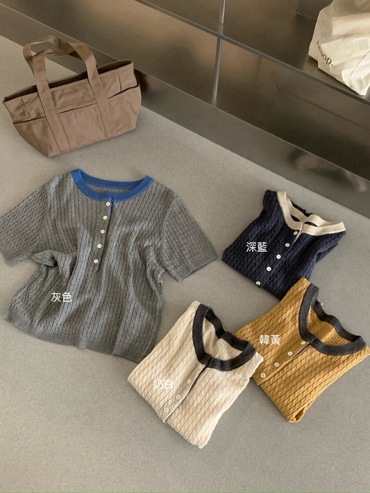 // 撞色領細麻花半鈕扣短袖NT