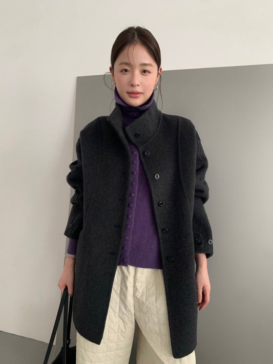 // 100%羊毛小立領排扣連腰帶雙面手工外套