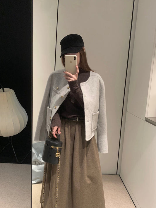 回饋價!// 質感金鈕扣氣質口袋100%手工雙面羊毛外套