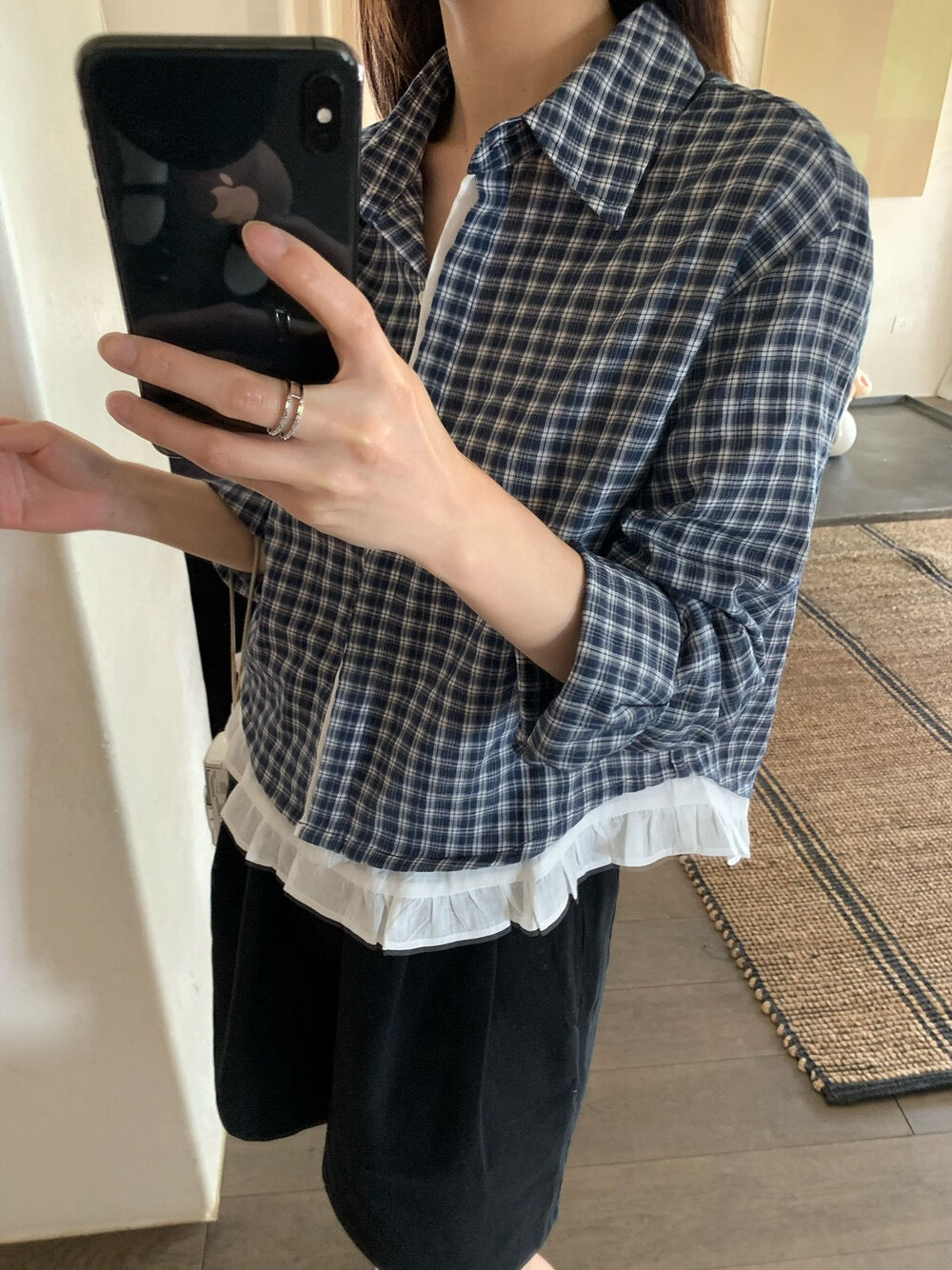 // 拼接花邊腳翻領格仔恤衫