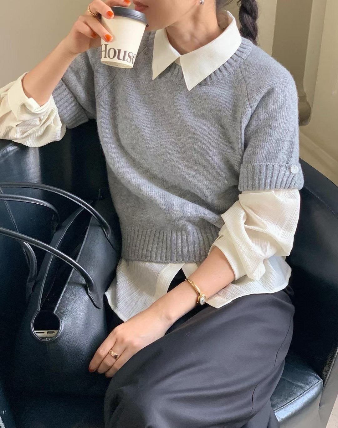// cashmere+fine wool反袖鈕扣袖短袖NT
