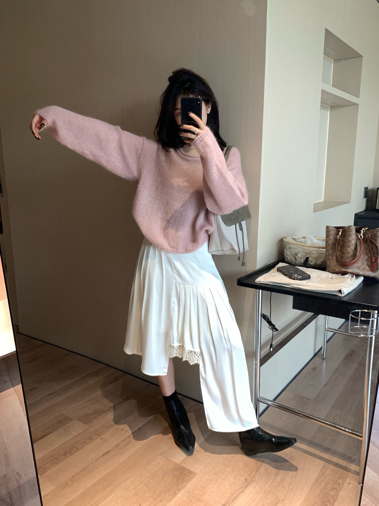 // 超美不規則拼接lace中裙