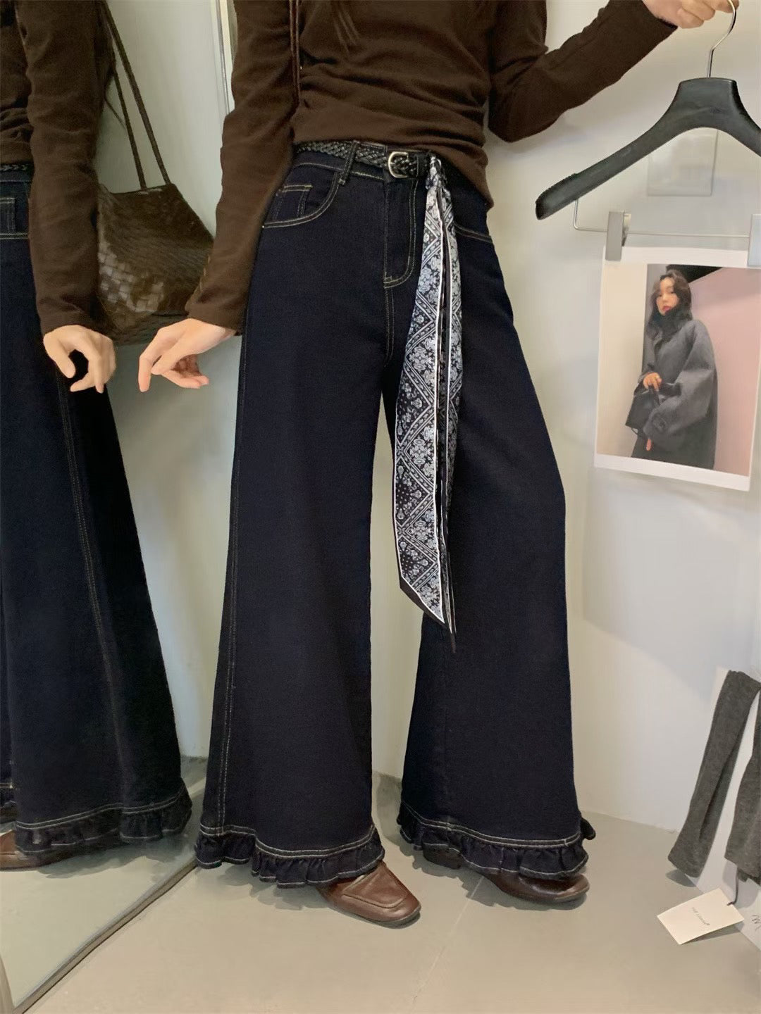 // 連絲帶腰帶花邊腳牛仔褲