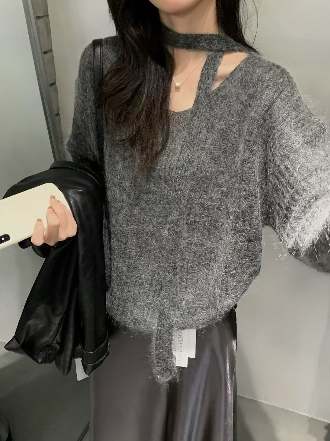 // 連領帶fine mohair針織上衣