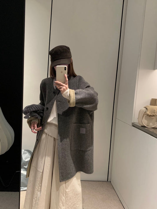 // 100%羊毛可拆針織帽內撞色手工外套