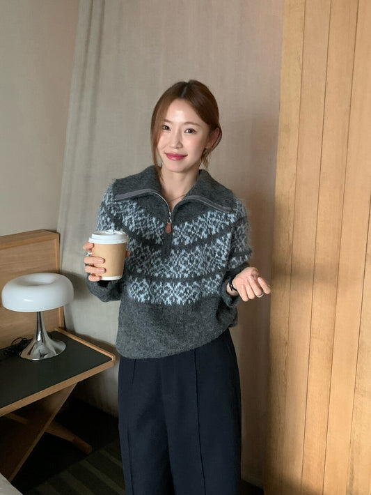 // 11%wool北歐風花紋半拉鍊可立領毛衣