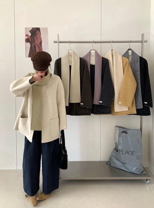 // 超氣質內撞色簡潔圓領100%手工雙面羊毛外套(連頸巾)