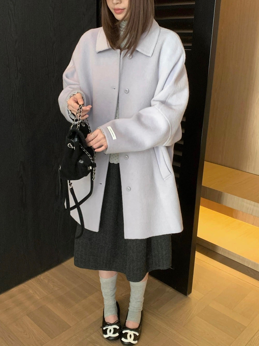 J72 / 溫柔落肩翻領排扣中長手工羊毛外套(10%alpaca+90%wool)