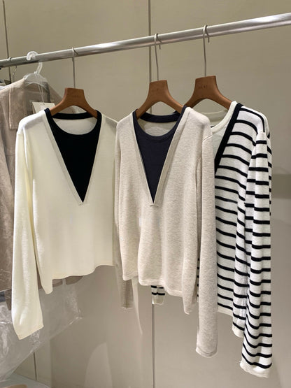 // 深V領假兩件針織上衣